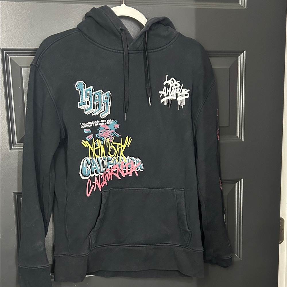 Hollister Black Graphic Hoodie with Colorful Accents